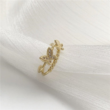 Butterfly Double Layer Gold Ring, Statement Ring, Open Ring, Adjustable Ring