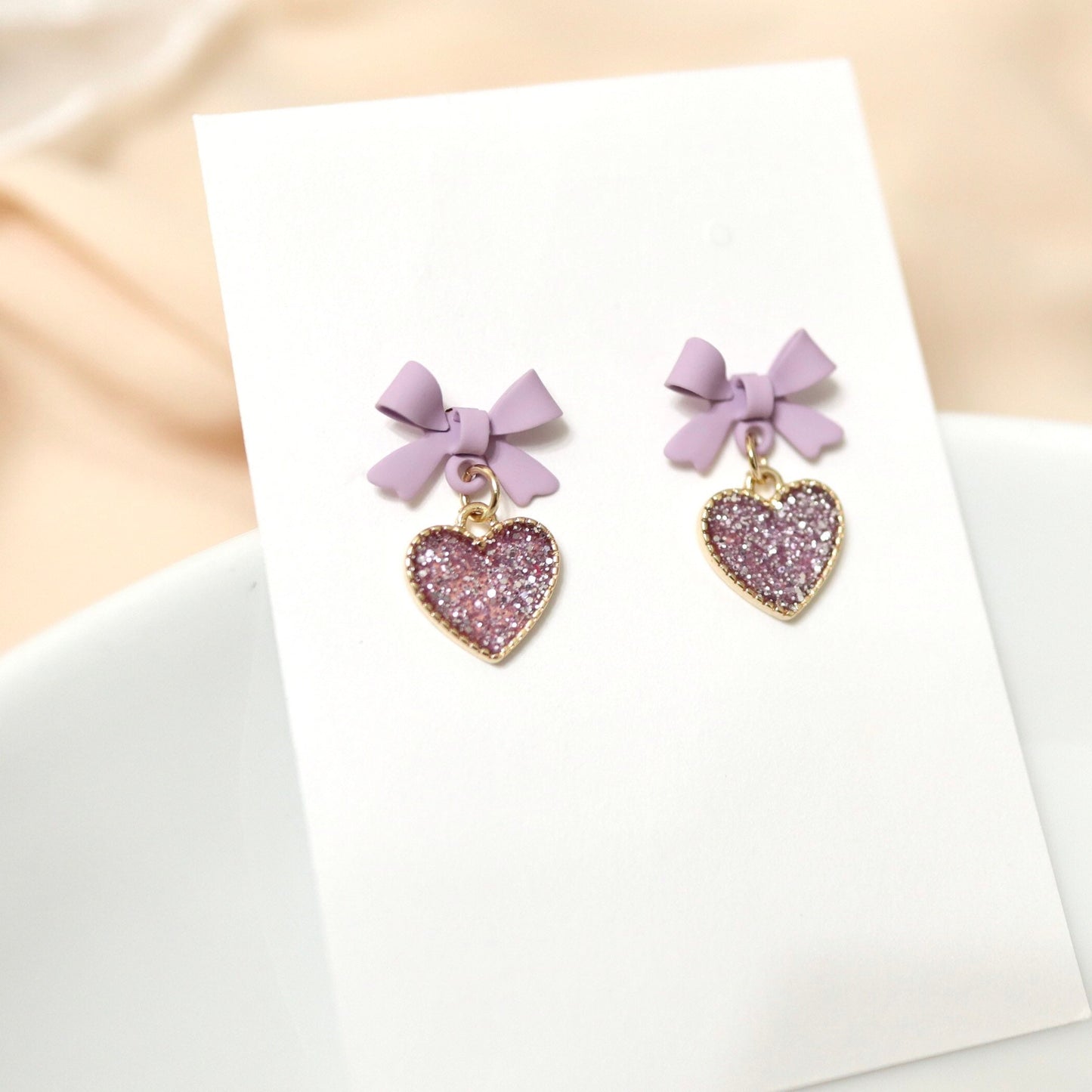 Purple Glitter Heart Drop Earrings, Lavender Bow Earrings