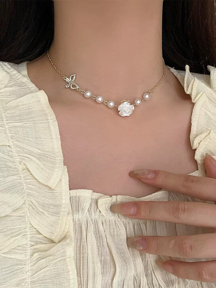 White Rose, Butterfly and Pearl Choker Necklace