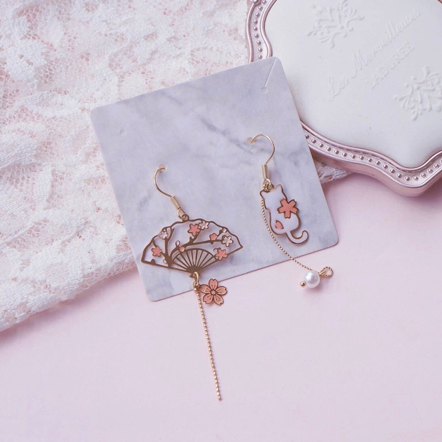 Sakura Cherry Blossom, Cat and Fan Laser-Cut Earrings