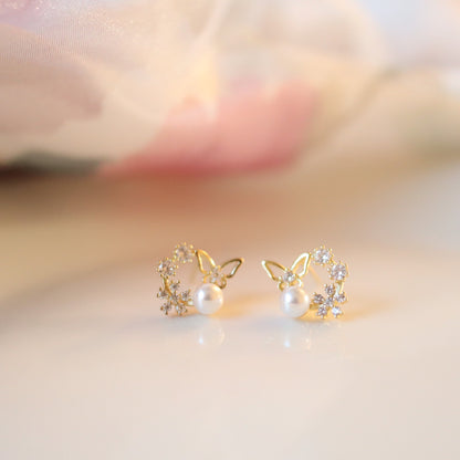 Butterfly Pearl Gold Ring Circle Stud Earrings