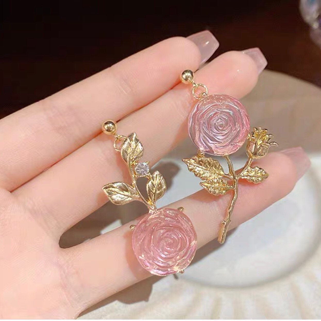 Pink Rose Flower Golden Dangle Earrings