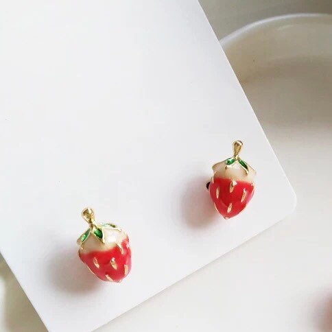 Dainty Enamel Strawberry Stud Earrings