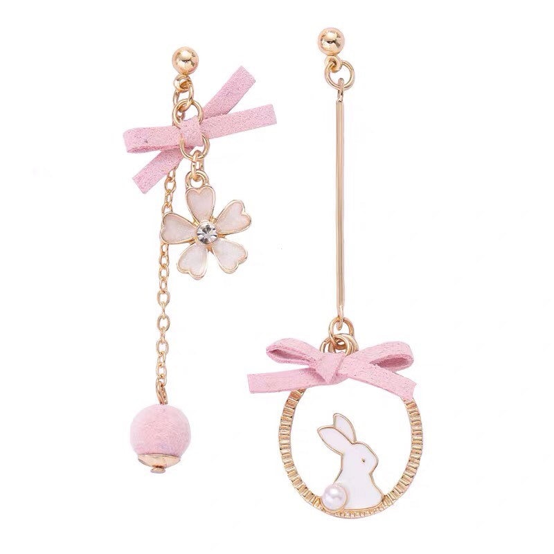 Rabbit Pink Ribbon Dangle Earrings