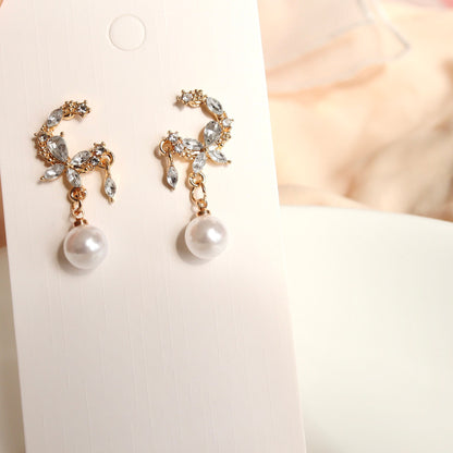 Sparky Moon Cubic Zirconia and Pearl Drop Earrings