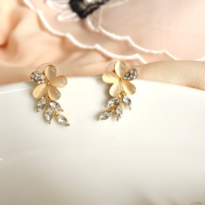 Gold Opal Flower Earrings, Leaf Laurel Vine Ear Climbers