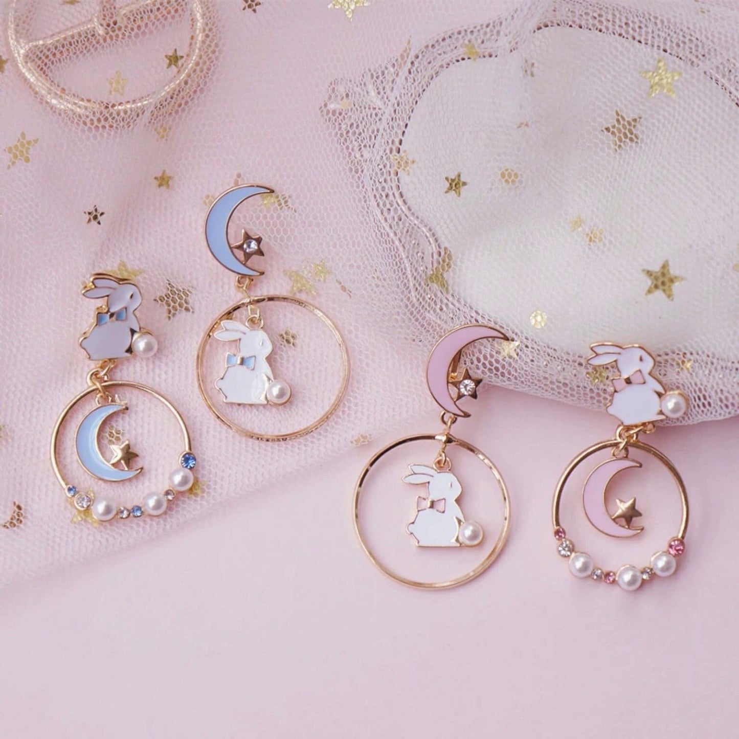 Cute Bunny/ Rabbit Moon and Star Dangle Earrings, Pierced or Clip On