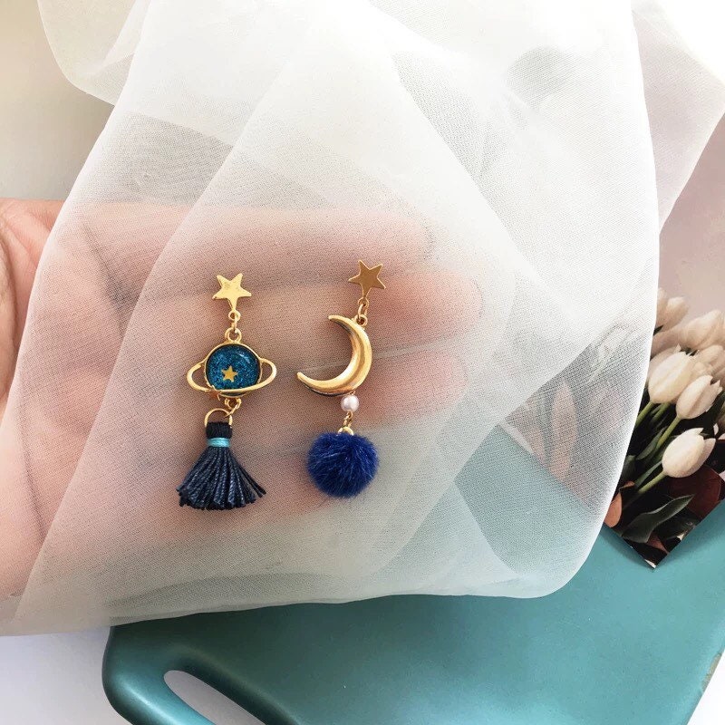 Blue Planet Star and Moon Earrings