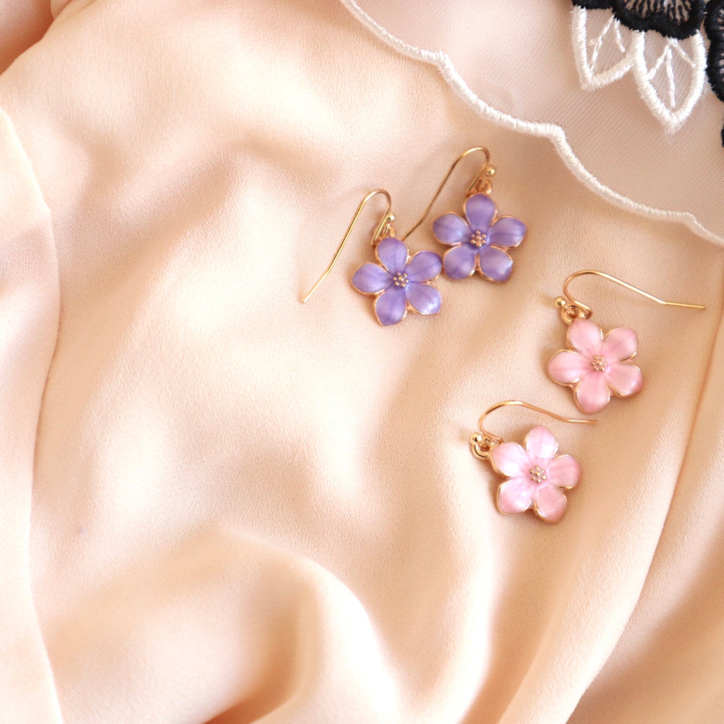 Sakura Cherry Blossom Floral Drop Earrings, Purple/ White/ Pink