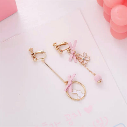 Rabbit Pink Ribbon Dangle Earrings