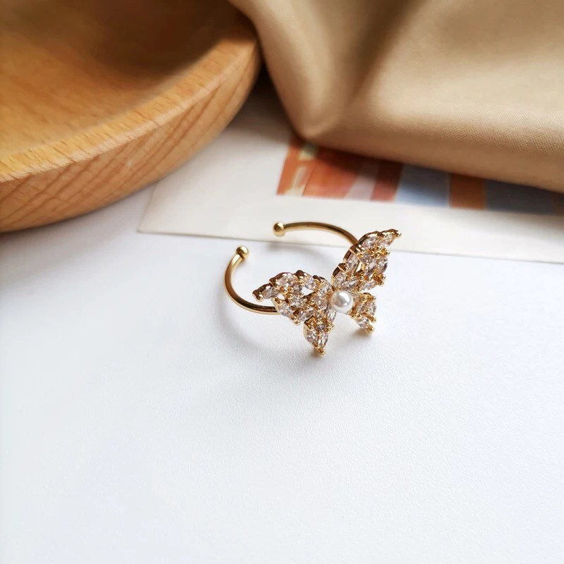 Gold Butterfly Ring, Sparky Cubic Zirconia Adjustable Open Ring