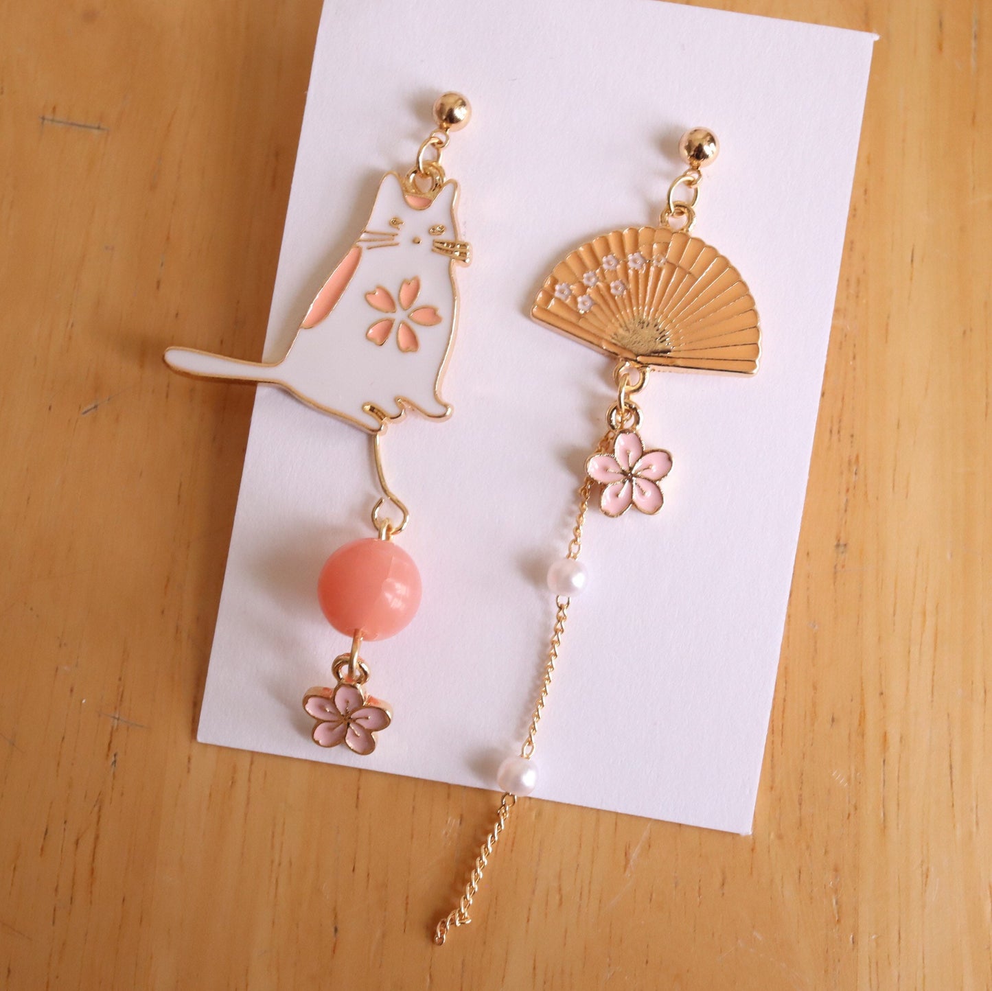 Cherry Blossom, White Cat and Fan Japanese Style Dangle Earrings