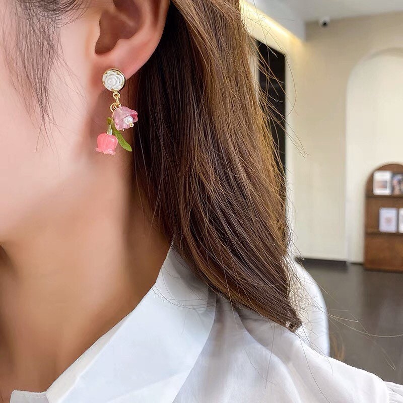 Pink Lily of the Valley Earrings, Fuchsia Rose Flower Earrings