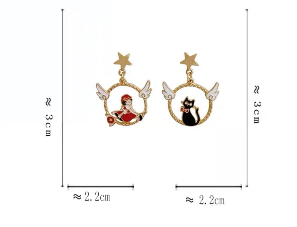 Witch and Black Cat Magic Girl Earrings, Japanese Anime Kiki's Earrings