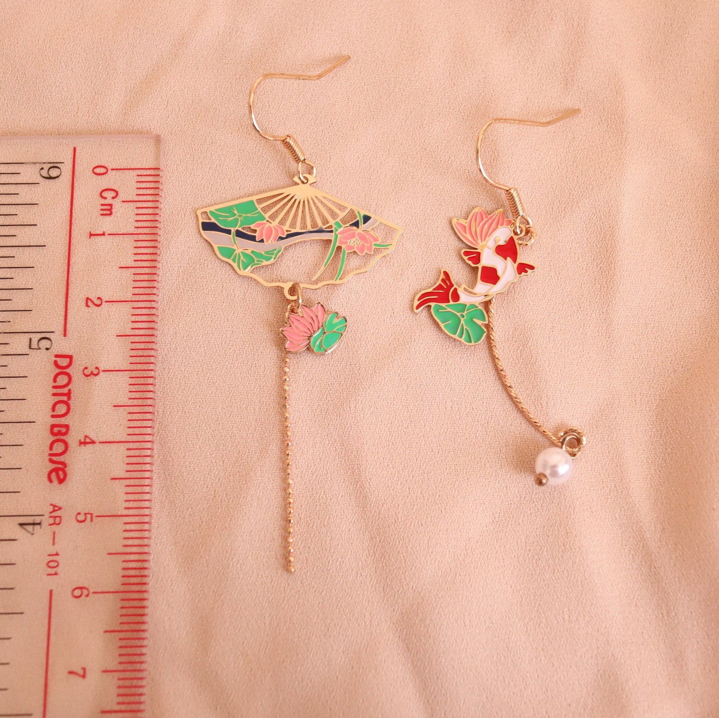 Gold Fish and Lily Pond, Koi and Water Lily Fan Earrings