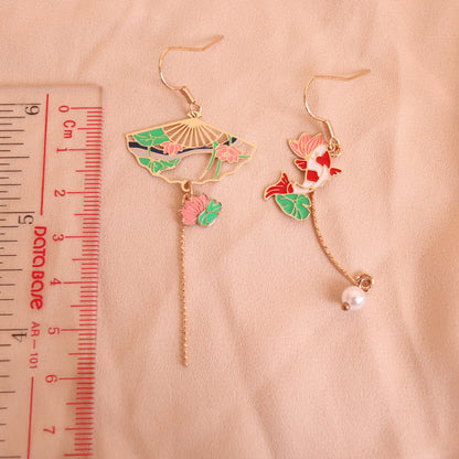 Gold Fish and Lily Pond, Koi and Water Lily Fan Earrings