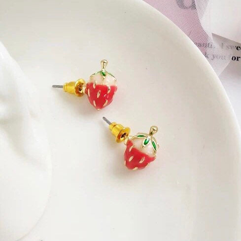 Dainty Enamel Strawberry Stud Earrings