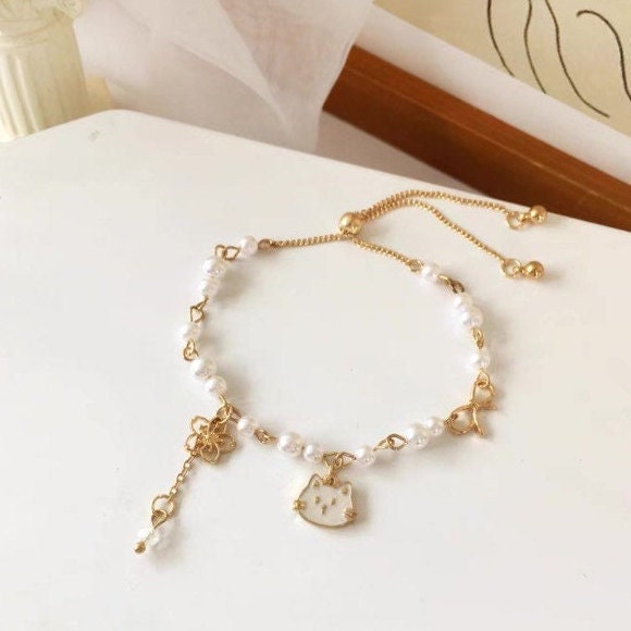 White Cat Cherry Blossom Charm Adjustable Bracelet