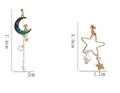 Cat on the Moon and Star Earrings