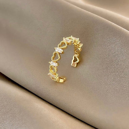 Gold Heart Valentine's Ring, Open and Adjustable Ring, with Cubic Zirconia