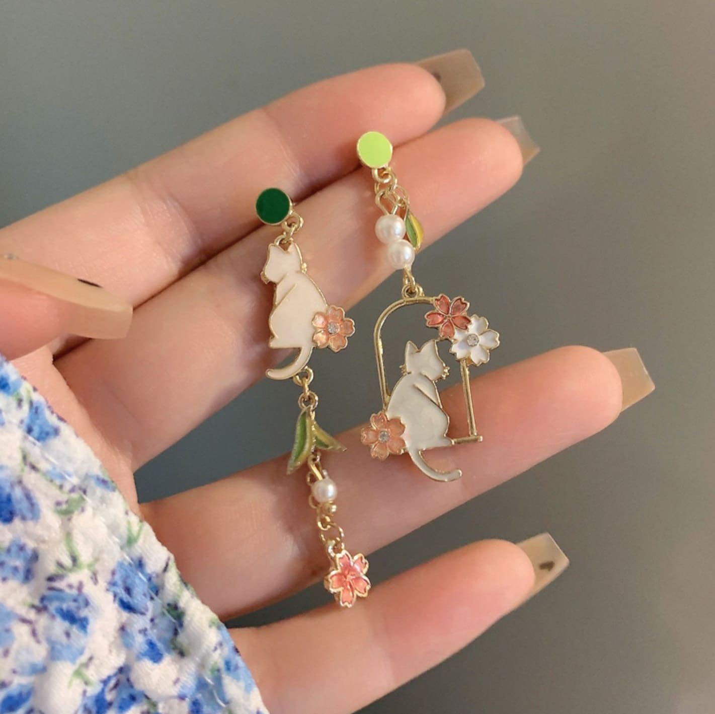 White Cat with Cherry Blossom Blooming Spring Earrings