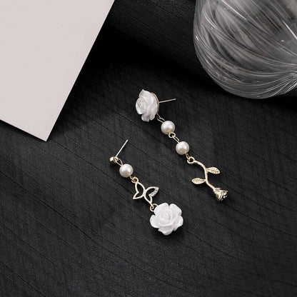 White Rose Butterfly Pearl Dangle Earrings