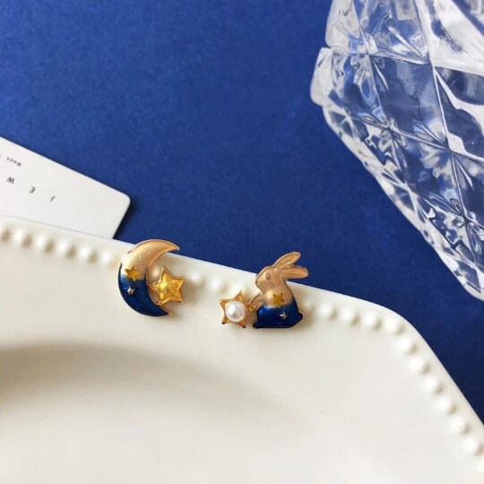 Rabbit and Blue Moon Stud Earrings