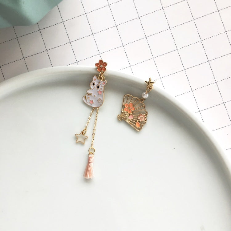 Cat Sakura and Fan Earrings, Japanese Cherry Blossom Mismatch Earrings