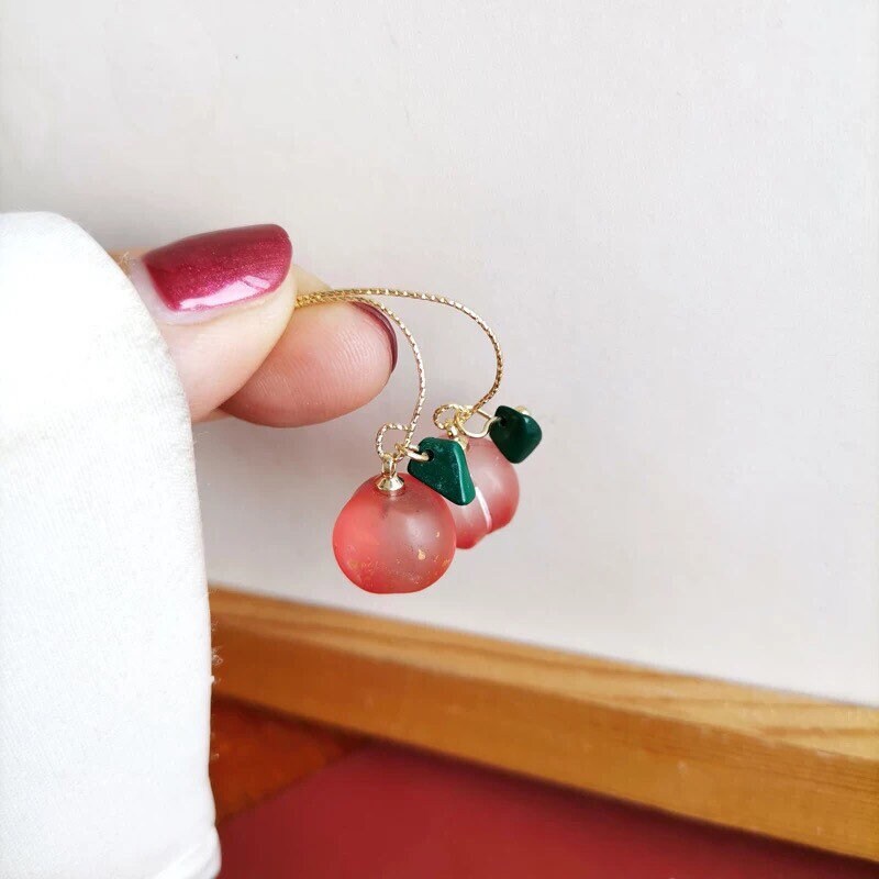 Peach Fruit Earrings, Pink Nectarine Nectar Dangle Earrings