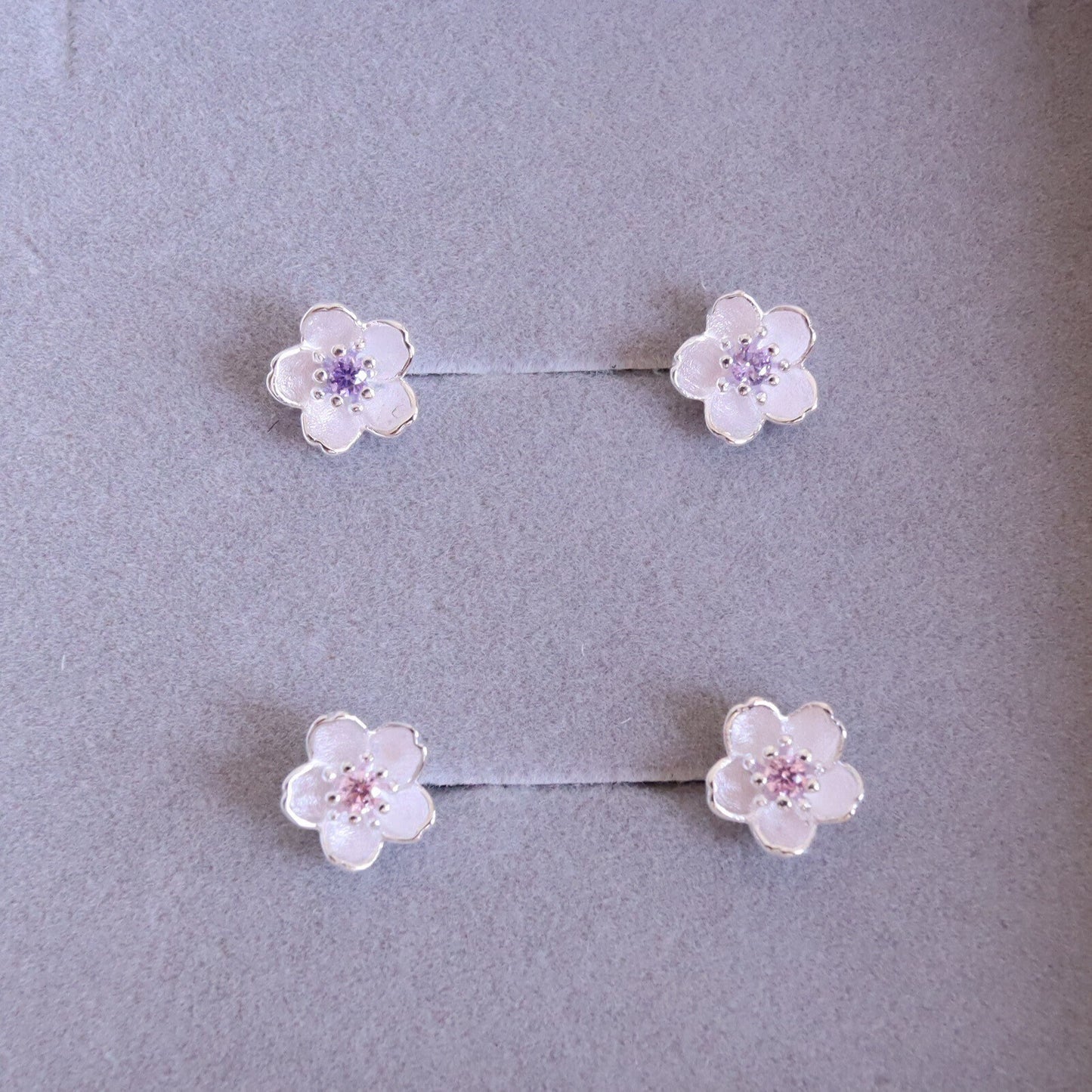 Cherry Blossom Sterling Silver Jewelry Set, Flower Necklace/ Earrings, Pink or Purple Cubic Zirconia Jewelry