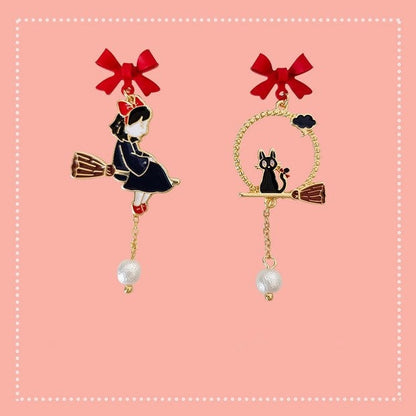 Witch and Black Cat Earrings, Magic Girl Kiki Earrings