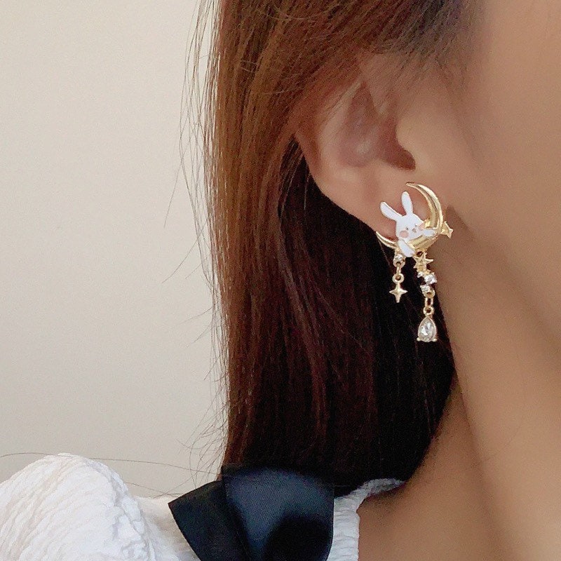 Rabbit on the Moon with Sparkling Star Dangle Earrings