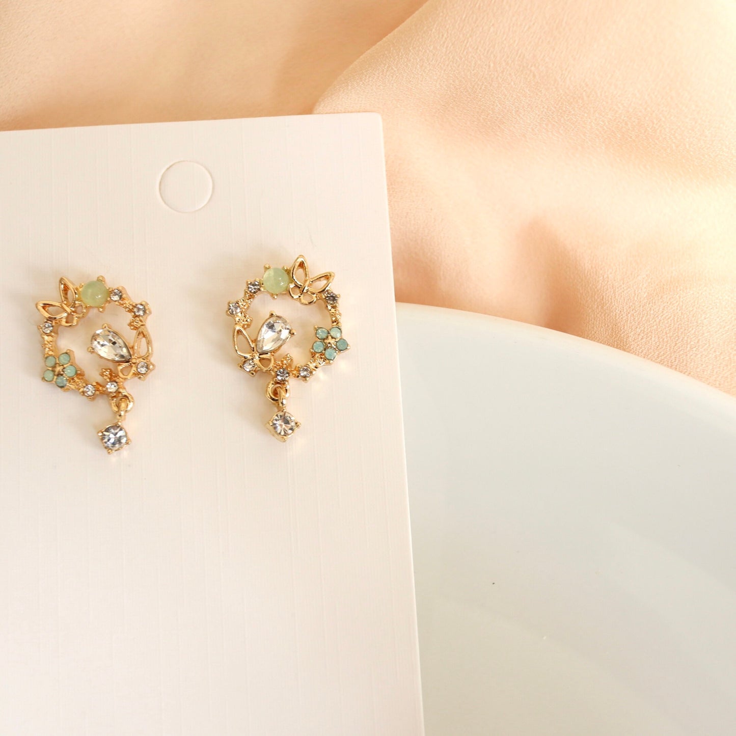 Green Wreath Butterfly Floral Earrings