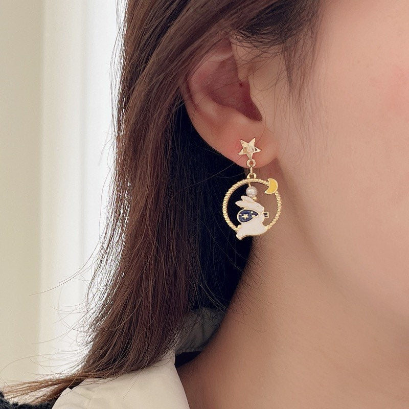 Rabbit on the Moon Earrings, Bunny Moon and Stars Earrings