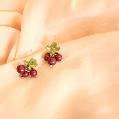 Red Cranberry with Green Leaves Fruit Drop Earrings