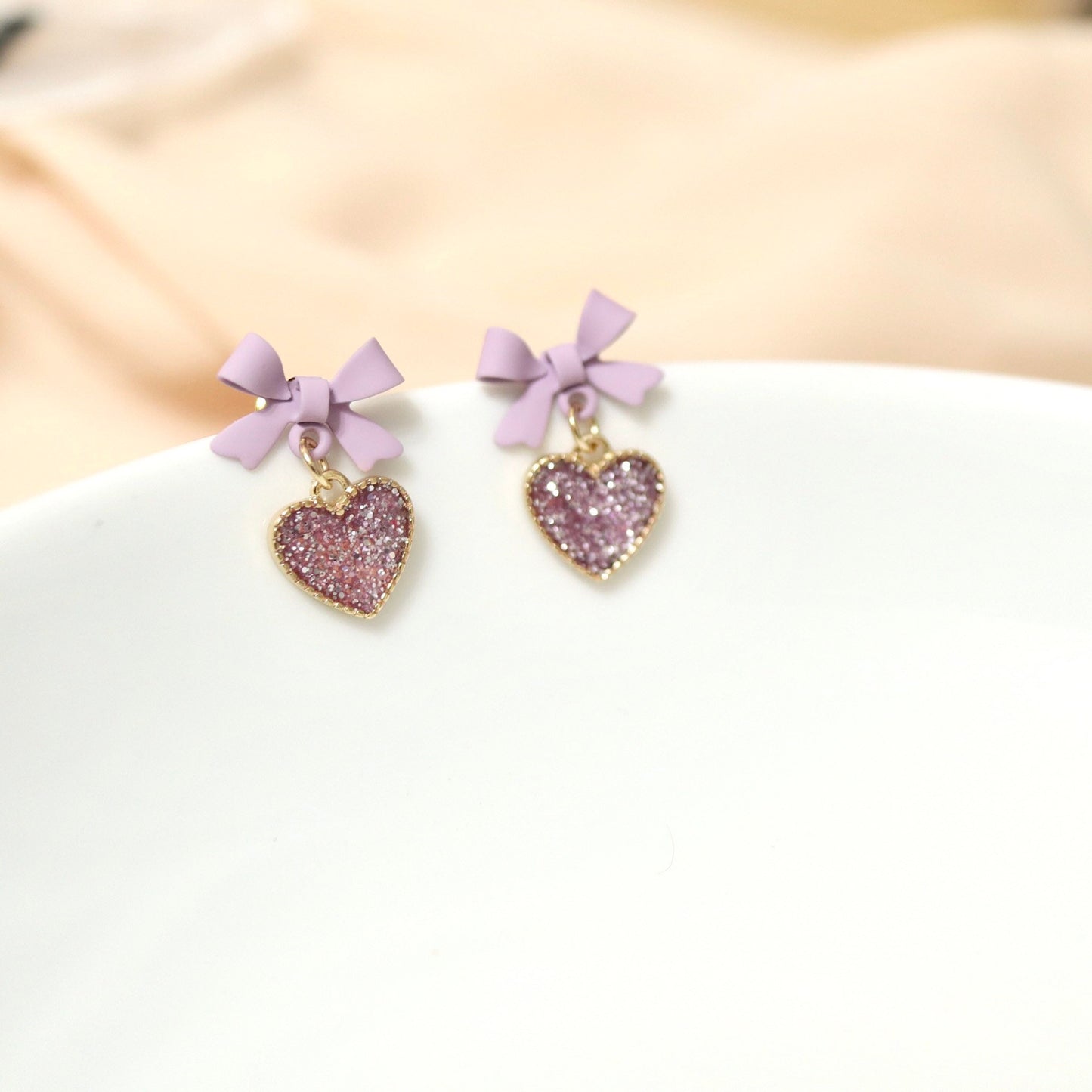 Purple Glitter Heart Drop Earrings, Lavender Bow Earrings