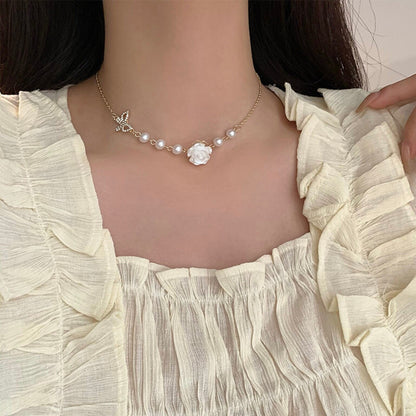 White Rose, Butterfly and Pearl Choker Necklace