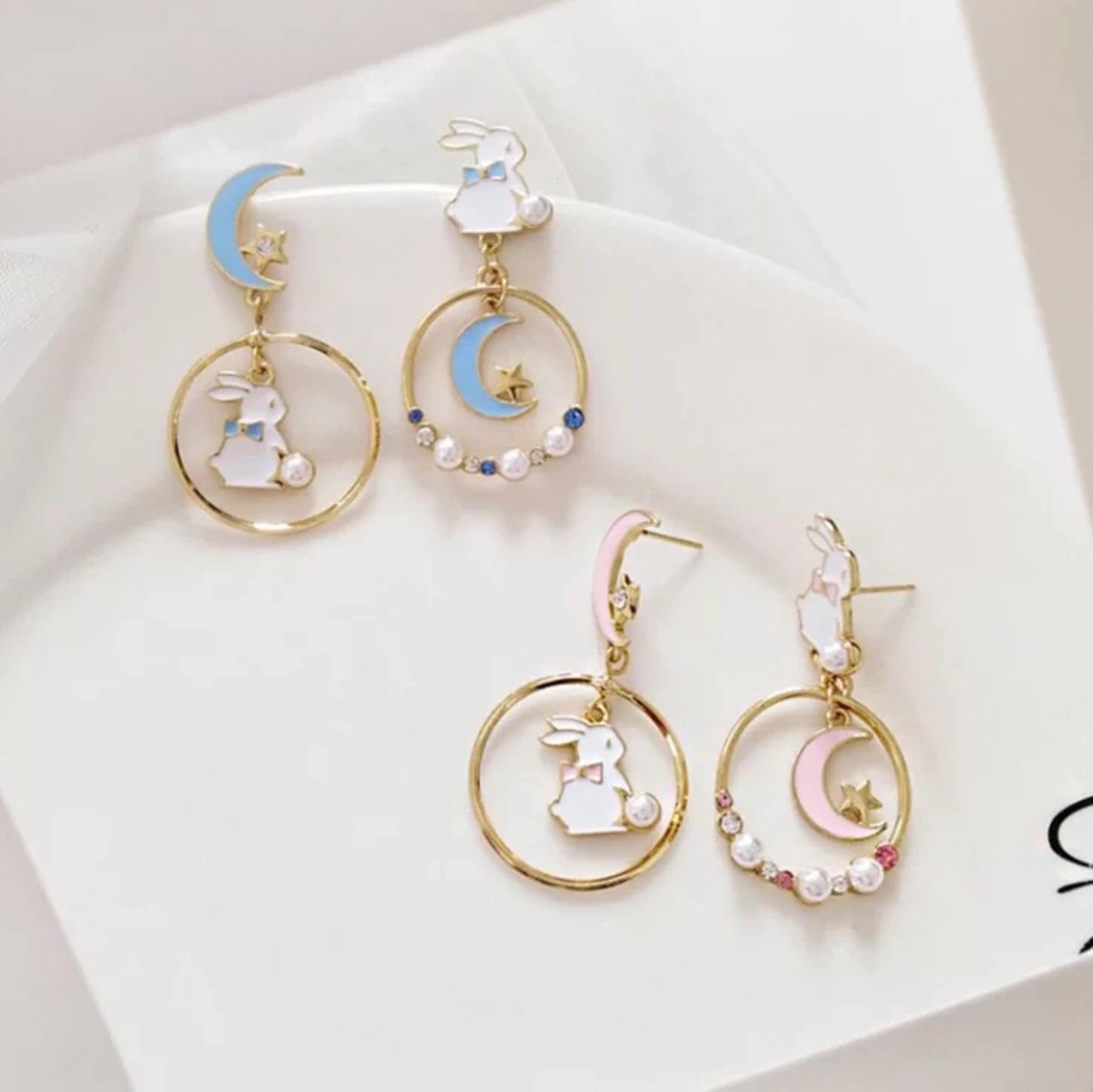 Cute Bunny/ Rabbit Moon and Star Dangle Earrings, Pierced or Clip On