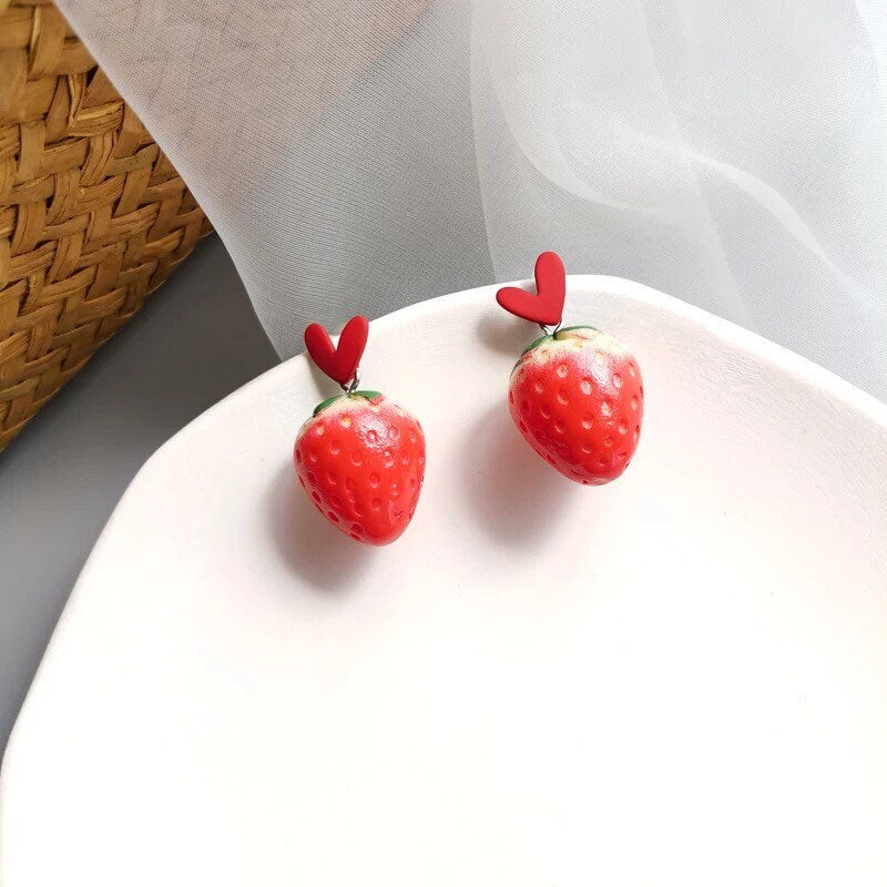 Big Strawberry Red Heart Dangle Earrings