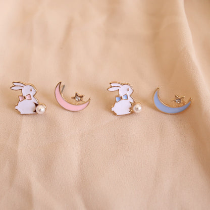 Rabbit / Bunny and Moon Stud Earrings, Pierced or Clip On