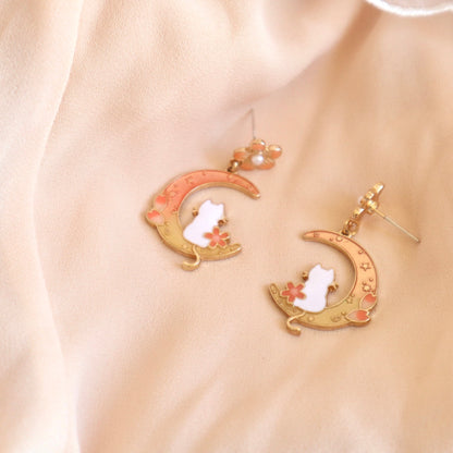 Moon Cat Cherry Blossom Earrings