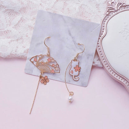 Sakura Cherry Blossom, Cat and Fan Laser-Cut Earrings