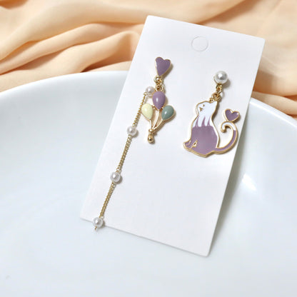 Purple & White Cat with Balloon in a Carnival Mismatch Dangle Earrings