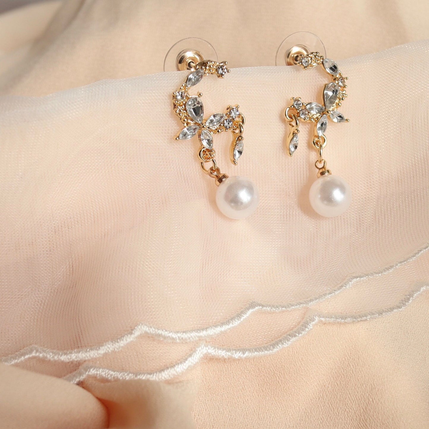 Sparky Moon Cubic Zirconia and Pearl Drop Earrings