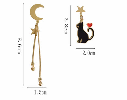 Black/ White Cat with Moon and Star Dangle Earrings