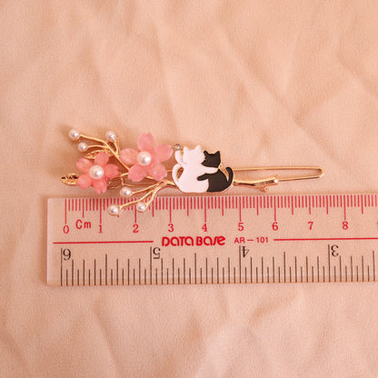 Japanese Cherry Blossom and Hugging Cats Hair Clip