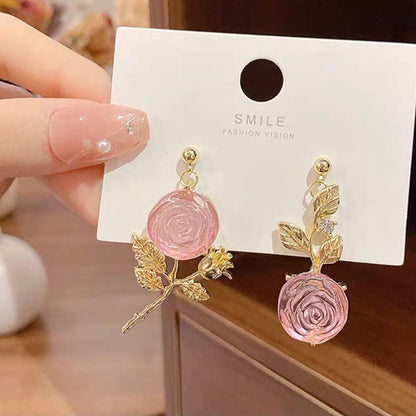 Pink Rose Flower Golden Dangle Earrings