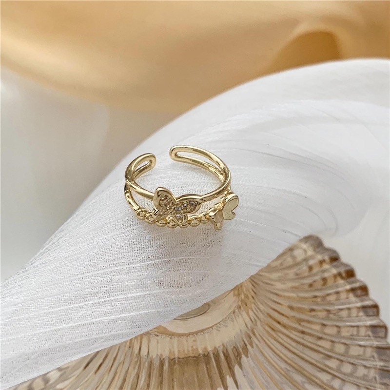 Butterfly Double Layer Gold Ring, Statement Ring, Open Ring, Adjustable Ring