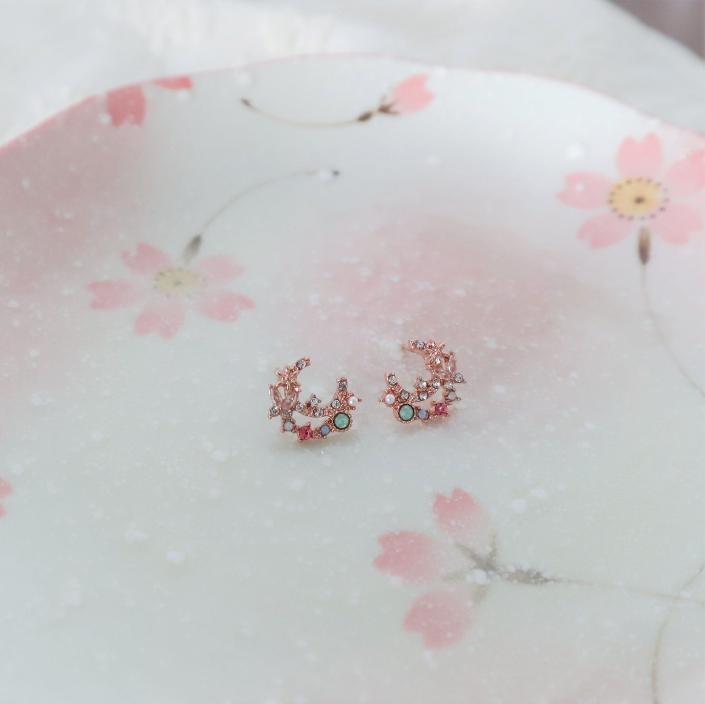 Crescent Moon with Sparky Gems Rose Gold Stud Earrings