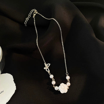 White Rose, Butterfly and Pearl Choker Necklace